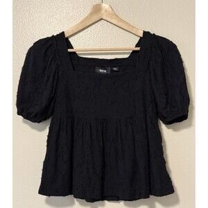 Maeve By Anthropology Babydoll Puff Sleeve Top Size XS Black Boho Textured